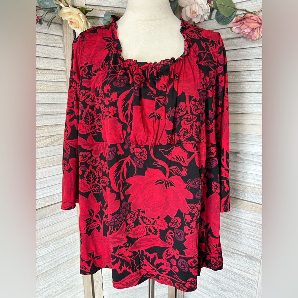 STYLE & CO. Women’s SZ 3X Floral Black & Red Peasant Style, Empire Waist Blouse